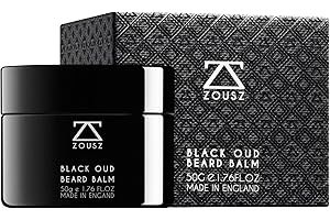 ZOUSZ Black Oud Premium Beard Balm - Classic Oud Wood - Scented Facial Hair Grooming and Skin Care Butter for Men - Avocado, Argan, Macadamia Oils - Moisturiser, Conditioner, Dandruff Remover - 50g