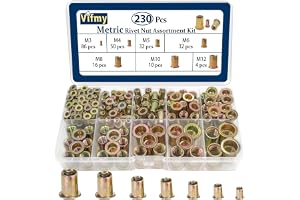 Vifmy Metriskt sortiment av nitmuttrar (230 st), M3 M4 M5 M6 M8 M10 M12, nitmuttrar med platt huvud, set, förzinkat, muttrar i kolstål