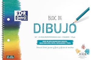 Oxford Bloc Dibujo Escolar A4+ Tapa Blanda/Contratapa rígida 20 Hojas 130gr Liso con 2 Taladros, con Espiral