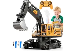 QiquBox RC Ferngesteuerter Bagger Spielzeug für ab 3 4 5 6 7 8 9 Jahren Junge - Bagger Spielzeugautos Metall Schaufel mit Spray Licht Ton, 680° Drehung Ferngesteuertes Auto für Jungen Geschenk Kinder