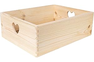 Creative Deco XL Duża Drewniana Skrzynia do Przechowywania Niepomalowana | 40 x 30 x 14 cm (+/- 1 cm) | z Uchwytami w Kształcie Serca | Idealna na Dokumenty, Cenne Przedmioty, Zabawki i Narzędzia
