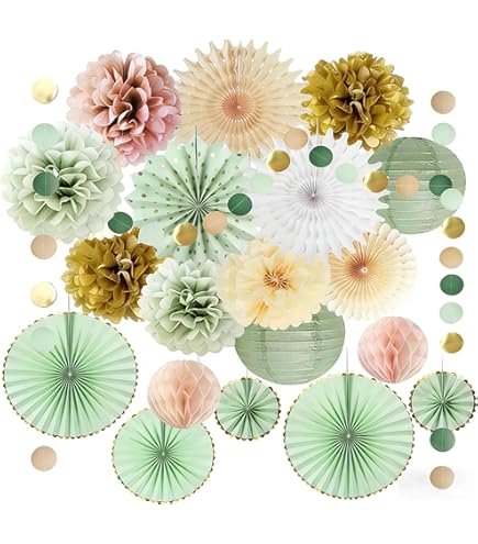 Kit Decorazioni Compleanno Verde Oliva – Lanterne, Ventagli, Pompon, Striscione Oro, Per Feste Di Ragazze E Donne