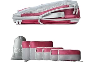 TRAVEL DUDE Zestaw toreb do pakowania z kompresją z butelek plastikowych pochodzących z recyklingu | zestaw torebek do pakowania do plecaka i walizek | Czerwony, 7-częściowy