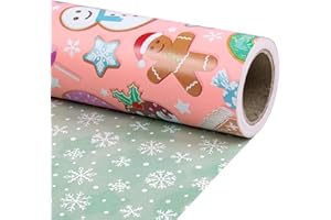 RUSPEPA Rollo De Papel De Regalo Reversible Navideño Para Niños,Diseño De Pan De Jengibre, Dona, Bastón De Caramelo Y Copo De Nieve Verde Claro, Ideal Para Regalos Navideños Y Navideños, 43.2 Cm X 5 M