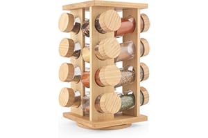 Salter BW12777EU7 Estante de especias de bambú - Estante giratorio, 16 frascos con tapas de rosca, larga duración de frescura, organizador de especias para encimera, almacenamiento de especias