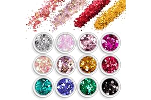AOOWU Purpurina Polvo, 12 Colores Maquillaje Acrilico Chunky Glitter para Ojos, Cara, Pelo, Uñas, Festival para Manualidades Brillante