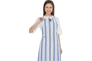 ‎ENCASA Encasa XO Verstellbare Küchen Schürze mit Taschen und Handtuchhalter, 68x85 cm, recycelte Baumwolle, für Zuhause, Restaurant, Männer & Frauen, Kochen, Backen - Franca Blaue Streifen