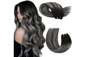 Moresoo Weft Hair Extensions Real Human Hair Ombre Sew in Hair Extensions Black with Silver Balayage Sew in Double Weft Human Hair Extensions 16inch 100G #1B/Silver