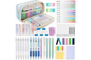 ESSALOO 63 Pezzi Forniture Scolastiche con Astuccio, 12 Evidenziatori Pastello, 5 Penne Gel, 4 Penna Cancellabile, 6 Portamine, Set di Cancelleria Estetica per Studenti, Blu