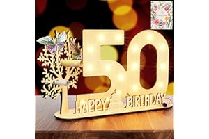 HEYCOLOR Originelle 50 Geburtstag Geschenk Mädchen & Jungen - 50 Geldgeschenk Geburtstag mit LED Lichterkette - 50 Geburtstag Deko Holz-Schild "HAPPY BIRTHDAY" Ständer & Gästebuch-Personalisierbares Geschenk