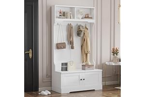 MODERNLUXE Eingangsschrank Garderoben-Set Wandgarderobe mit Sitzbank,Stauraum, 4 Haken und 2 Fächern – Garderobenschrank, Kleiderständer, Schuhschrank – Modernes Design,101,5 x 47 x 183 cm-Weiß