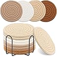 8 Pcs Boho Coasters for Drinks,4 Colors Absorbent Drink Coasters with Metal Holder, Cotton Woven Coaster, Minimalist Cup Coaster Set for Home Decor,Table Protection, Housewarming Gift (4.3 Inch)