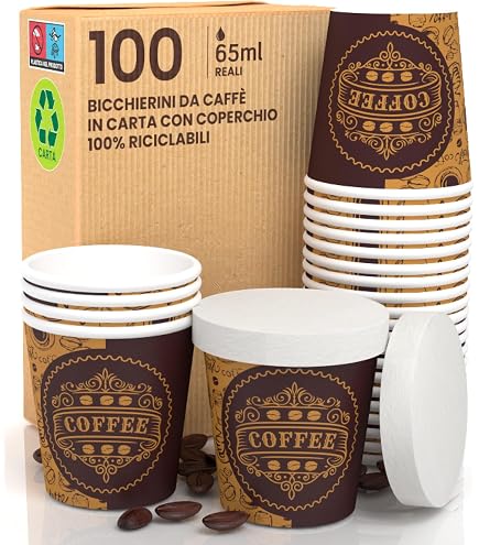 ARBUTUS 48 bicchieri da caffè usa e getta in cartone da 120 ml con 48 coperchi in plastica, bicchieri da asporto e 50 pallet in legno