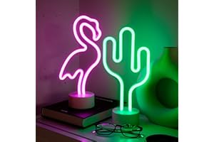 NELUX Pack de 2 Cactus et Flamant - Néon LED Mural, Lampe Neon Gaming Chambre Decoration, Enseigne Lumineuse Setup Gamer. Connexion batterie ou USB
