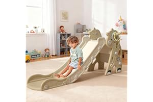Kakbgee Tobogán Infantil, Plegable Tobogán Slide HDPE, con Escalera, Canasta de Baloncesto y Juego de Aros, Área de Juegos Interior/Exterior para Baby-152x68 CM, Tobogán Alargado de 142 CM (Amarillo)