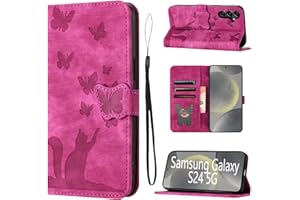 LSPCASA Etui na telefon do Samsung Galaxy S24 Premium skóra PU materiał Samsung Galaxy S24 etui z przegródkami na karty wzór kota motyl Samsung Galaxy S24 pokrowiec różowy