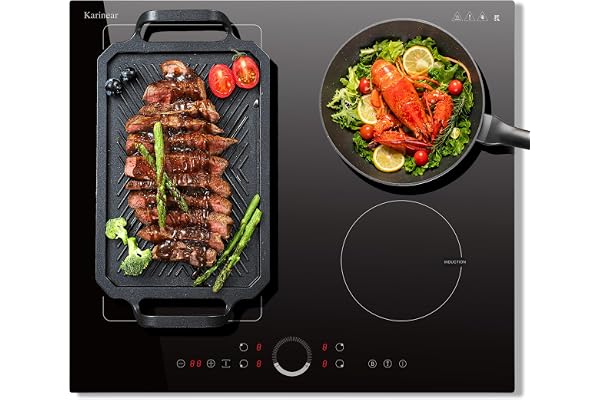Karinear Plaque Induction 4 Feux avec Flexzone, Plaque à Induction 60 cm Encastrable, Table Induction 4 Foyers avec Commande Circulaire, Booster, Minuterie, Sécurité Enfant, 220V, 7200W sans prise