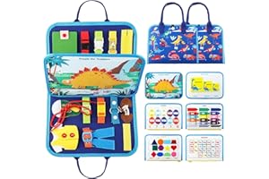 Mezzar Busy Board Montessori, Dinosaurios Tablero Sensorial Montessori Juguetes de Educación Actividades Viaje Libro Aprender a Vestir y Habilidades Motoras Finas para Niños 1 2 3 4 Años- Azul