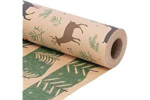 Toptime Papier Cadeau Noelx Réversible, 43cm×10m Rouleau Papier Cadeau Kraft avec Rennes Sapin, Recyclé Vintage Emballages de Cadeaux Vert Marron a Découper pour Nouvel An, Fêtes, Célébrations