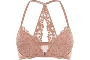 DOBREVA Biustonosz Damski Push Up Racerback Z Zapięciem Z Przodu Koronkowe Wyściełane Fiszbiny Z Głębokim Kwiatowym Wzorem
