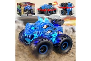 METHROP Remote Control Cars for kids, 1:16 Monster Truck Toys with Cool LED Spray Tail Lights, 2.4Ghz RC Cars for Boys 3 4 5 6 8 10, Dinosaur Toy Birthday for Kids Boys