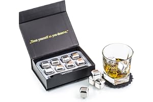 AMERIGO MAKE IT SPECIAL Exklusives Edelstahl Whisky Steine Geschenkset – Hohe Kühltechnologie - 8 Whisky Eiswürfel Wiederverwendbar - Edelstahl Eiswürfel - Besondere Geschenke für Männer - Edelstahl Kühlstein von Amerigo
