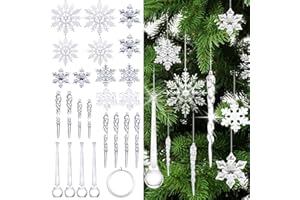 TIANHOO Boże Narodzenie, sople lodu, płatki śniegu, 24 sztuki, akrylowe, sople lodu, akrylowe, ozdoby bożonarodzeniowe, sople lodu, wiszące na Boże Narodzenie, imprezę, wesele, do dekoracji,