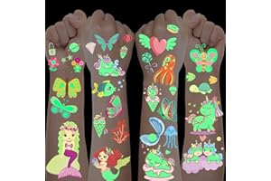 BOYATONG Zestaw 200 tatuaży dla dziewczynek, świecący jednorożec, motyl, syrenka, tatuaż dla dzieci, przyjazne dla skóry tatuaże na urodziny dziecka, prezent