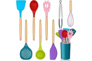 Homikit Silikon Küchenhelfer, 9-teiliges Küchenutensilien mit Holzgriff, Antihaftes Kochutensilien Pfannenwender mit Utensilienhalter, Hitzebeständiger Kochbesteck Set, Gesund & Langlebig, Bunt