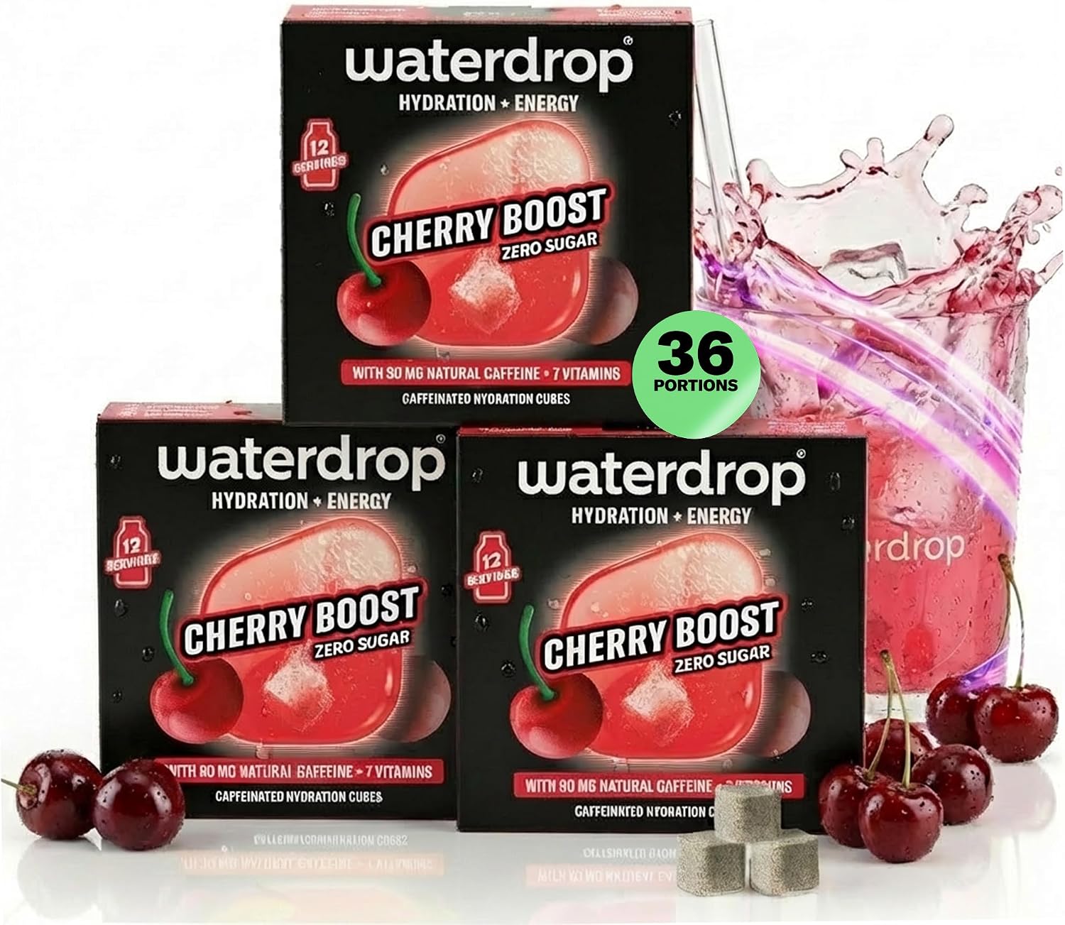 waterdrop® Coffret Microenergy, Boisson Énergisante Sans Sucre, Boisson à la Cerise, 36 Cubes Effervescents avec 90 mg de Caféine Naturelle, Vitamines B et C