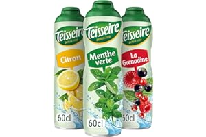 Lot de 3 sirops Teisseire (Menthe, Citron, Grenadine) pour Boisson Rafraîchissante, Cocktails, Bidon Recyclable 3x60cl