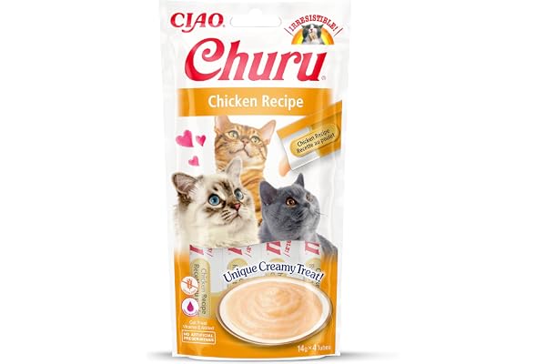 INABA Churu - Friandises pour Chats en Purée au Poulet - Délicieux Snacks pour Félins - Texture Lisse et Onctueuse - Nourriture pour Chats - 4 Tubes x 14g