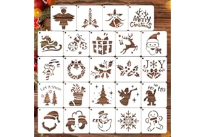 CIATBYYJ Lot de 24 pochoirs de Noël réutilisables pour dessin, pochoirs de Noël avec motifs d'arbre de Noël, Père Noël, flocons de neige, bonhomme de neige, gants et rennes