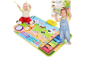 Dromlag 3 en 1 Tapis Musical Jouet Enfant Bebe 1 2 an, Jouet Bebe Fille Garcon 1 2 3 Ans Cadeau Bebe Fille Garcon 1-3 Ans, Jeux Enfant Montessori Tapis Animal - 19 Sons & Fonction D'enregistrement