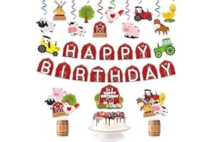 Haooryx 42Pcs Farm Birthday Party Decorations for Kids Farm Animals Barn Cutouts Backdrop Banner Hanging Swirls Cupcake Toppers Table Centerpieces Stick Photo Props Animal Themed Decor Party Supplies