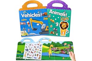 AIRNOGO Libro di adesivi a partire da 2, 3, 4 anni, 2 pezzi, animali, veicoli per bambini, per ragazzi, ragazze, con illustrazioni, per viaggi in auto, aereo, treno, ecc