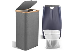 Yontwe Cesto Portabiancheria Sporca 100L Cesta Portabiancheria Separato famiglia Cesta Portabiancheria in Bambú con Coperchio Grigio Laundry basket con un sacchetto di fodera interiore (100L)