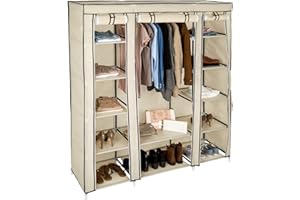 TecTake Triple fabric canvas cupboard wardrobe shelf storage | with clothes rail and 12 compartments | 150 x 175 x 45 cm (Beige | no. 402527)