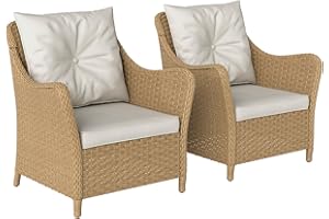 Outsunny Rattan Garden Chairs Set of 2, Outdoor Rattan Chairs with Cushions, Armrests and High Back, PE Wicker Garden Armchair with Steel Frame for Balcony, Porch, Beige