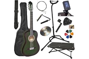 AMROVA Pack Guitare Classique 4/4 (Adulte) Support Guitare + Repose Pied + 9 Accessoires Cour Vidéo et CD (Vert)