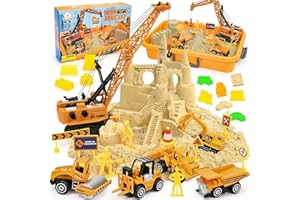 TACOBEAR Sabbia Cinetica Bambini Sito di Costruzione Set Valigetta Con 1000g Magica, Gru Giocattolo, 5 Mini Veicoli & 14 Stampi, Giocattoli Sensoriali Giochi Regalo per Bambini