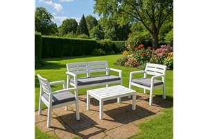 Dmora - Ensemble de Salon d'extérieur Massa, Composition de Jardin avec 2 fauteuils, 1 canapé et 1 Table Basse, Salon intérieur et extérieur avec Coussins, 100% Made in Italy, Blanc