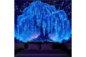 Simpkeely Blacklight Starry Night Tree Tapestry, UV Reactive Neon Willow Tree of Life Wall Hanging, Glow in the Dark Galaxy Mystical Aesthetic Wall Art for Bedroom, Living Room - 130 x 150 cm