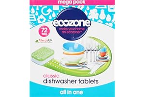 EcoZone Classic All-In-One Dishwasher Tablets, Effective Cleaning Formula Cuts Through Grease & Grime, Natural Vegan & Non Toxic Tabs, Plant Based Plastic-Free, Leaves No Residue (Box of 72 Capsules)