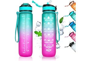 Gofady 1 Litre Water Bottle, Sports Water Bottles with Time Marker and Straw, BPA Free,Leak Proof, Tritan Plastic, Motivational Large Drinking Bottle for Women, Men, Kids, Children(Green Purple)