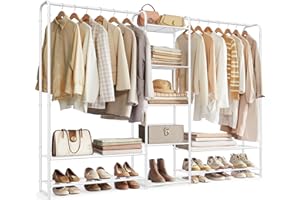 SONGMICS Kleiderständer, offener Kleiderschrank, Kleiderstange, Garderobenständer mit Ablagen, Garderobe aus Metall, freistehend, 29 x 183 x 158,4 cm, mattweiß LGR463W01