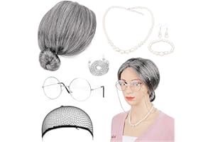 HOWAF 7 Piezas Peluca Abuela Abuela Cosplay Accesorio con Gris Abuela Peluca Abuela Gafas, Correa Cadenas Gafas, Joyería Perlas Collar Pendientes Pulsera, Abuelita Anciana Señoras Carnaval Disfraz