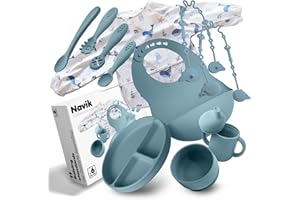 Navik | set pappa svezzamento da 12 pezzi | piatto svezzamento con ventosa per bambini | bicchiere bambino | cucchiaio e ciotola in silicone | blu artico
