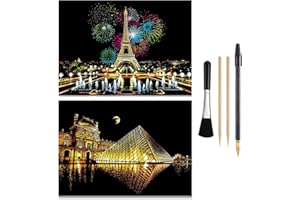 ARTSPER Scratch & Engraving Arts Paper(16"x11.2") for Kids & Adults, Rainbow Sketch Painting Landscape Scratchboard, Cool Painting Gift, Craft Kits : 2 Pack with 4 Tools - Drawing Pens, Brush(Paris/Louvre)