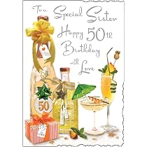 Geburtstagskarte Zum 50. Für Die Schwester – Gin-Cocktail Design Mit Glitzer, 15,7x23 Cm, UK-made